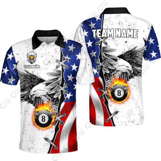 Customized Billiards Unisex Polo Shirt, US Flag White Eagle Flame Pin Dust Pattern Personalized Billiard 8 Ball Jersey