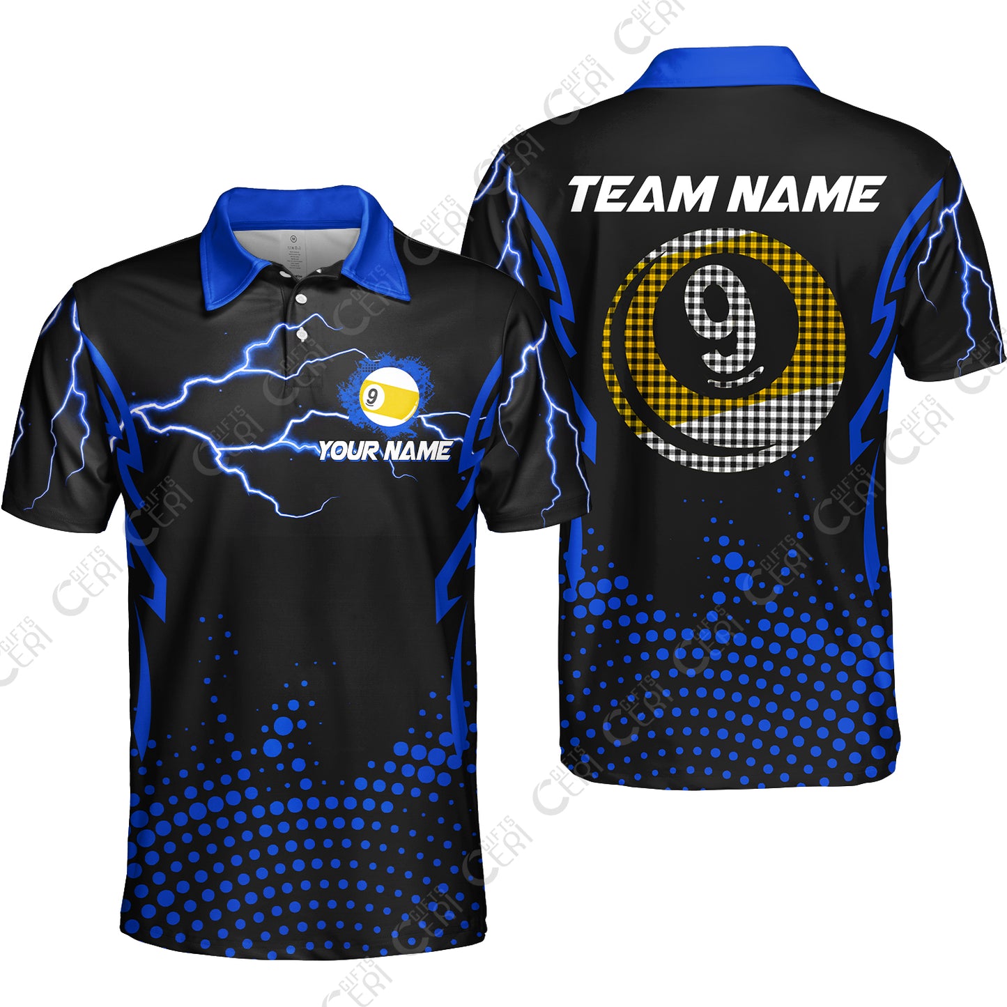Customized Billiards Unisex Polo Shirt, Lightning Graphics With Dots 9 Ball Pool Jersey