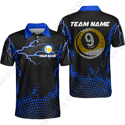 Customized Billiards Unisex Polo Shirt, Lightning Graphics With Dots 9 Ball Pool Jersey