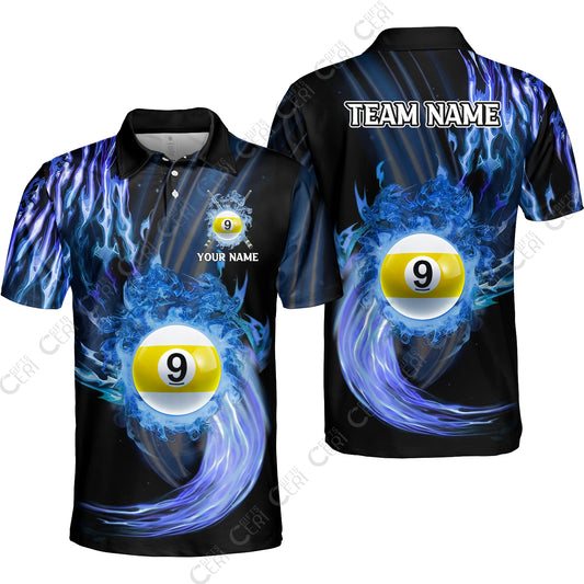 Customized 9 Ball Pool Unisex Polo Shirt, 9-Ball Swirling Fire And Glowing Smoke, Billiards Jerseys