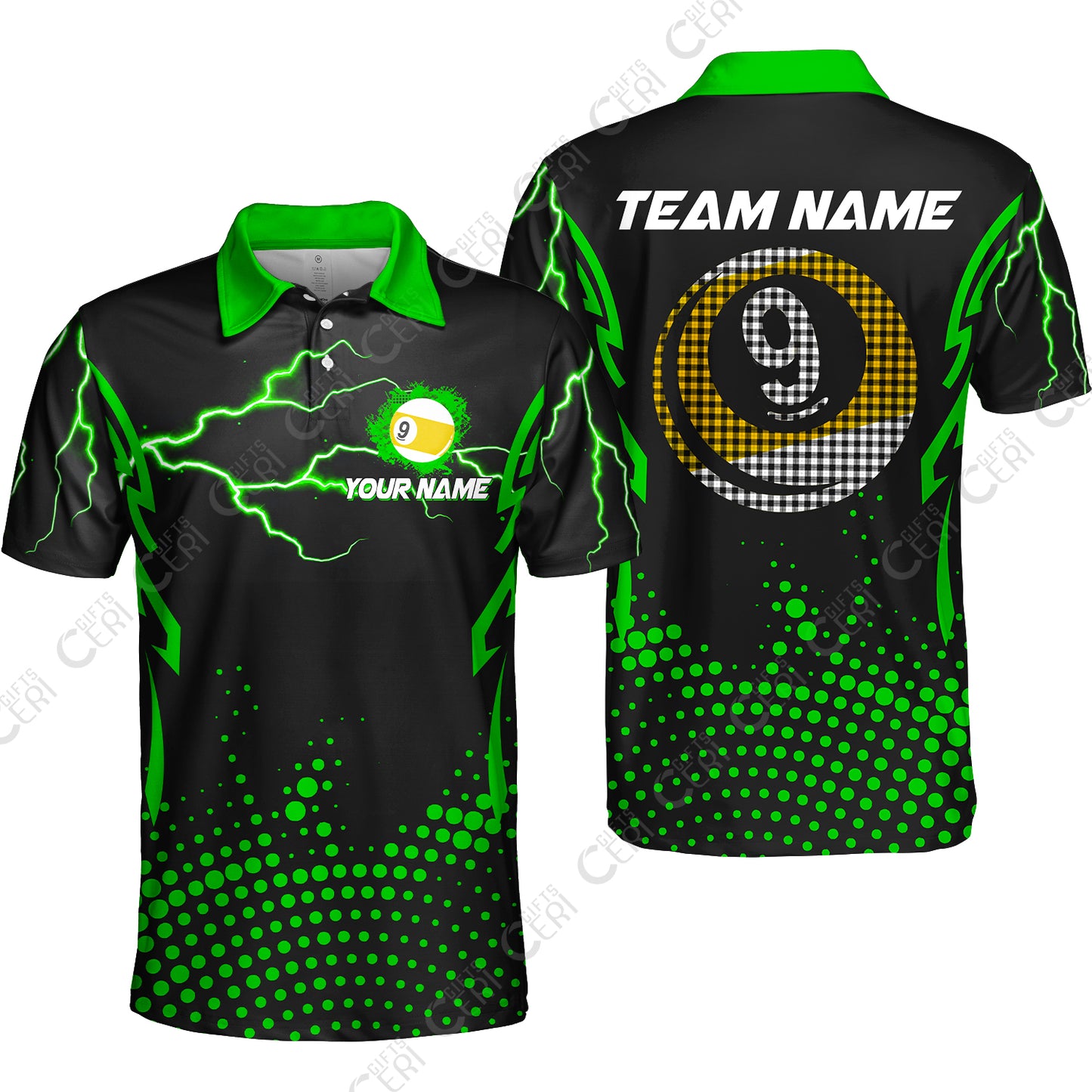 Customized Billiards Unisex Polo Shirt, Lightning Graphics With Dots 9 Ball Pool Jersey