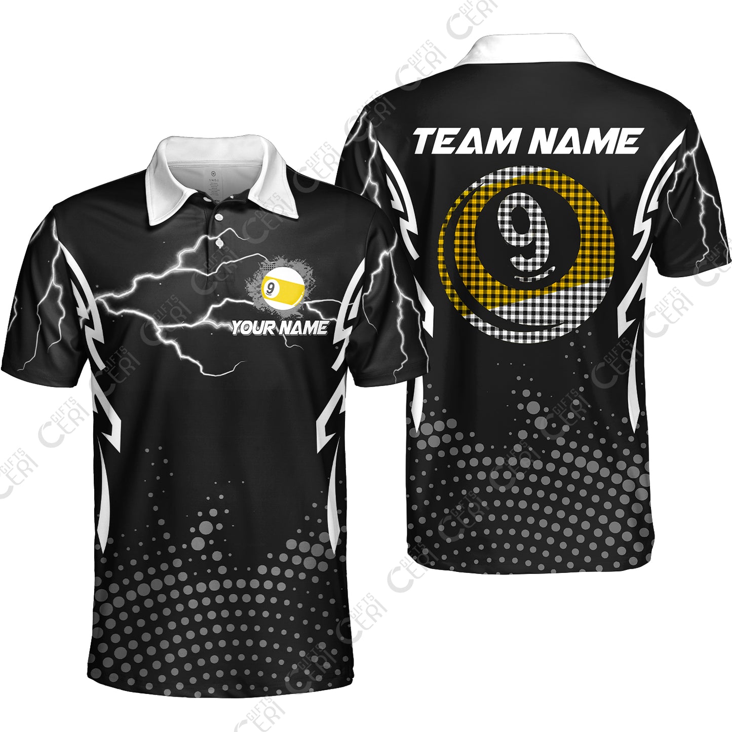 Customized Billiards Unisex Polo Shirt, Lightning Graphics With Dots 9 Ball Pool Jersey
