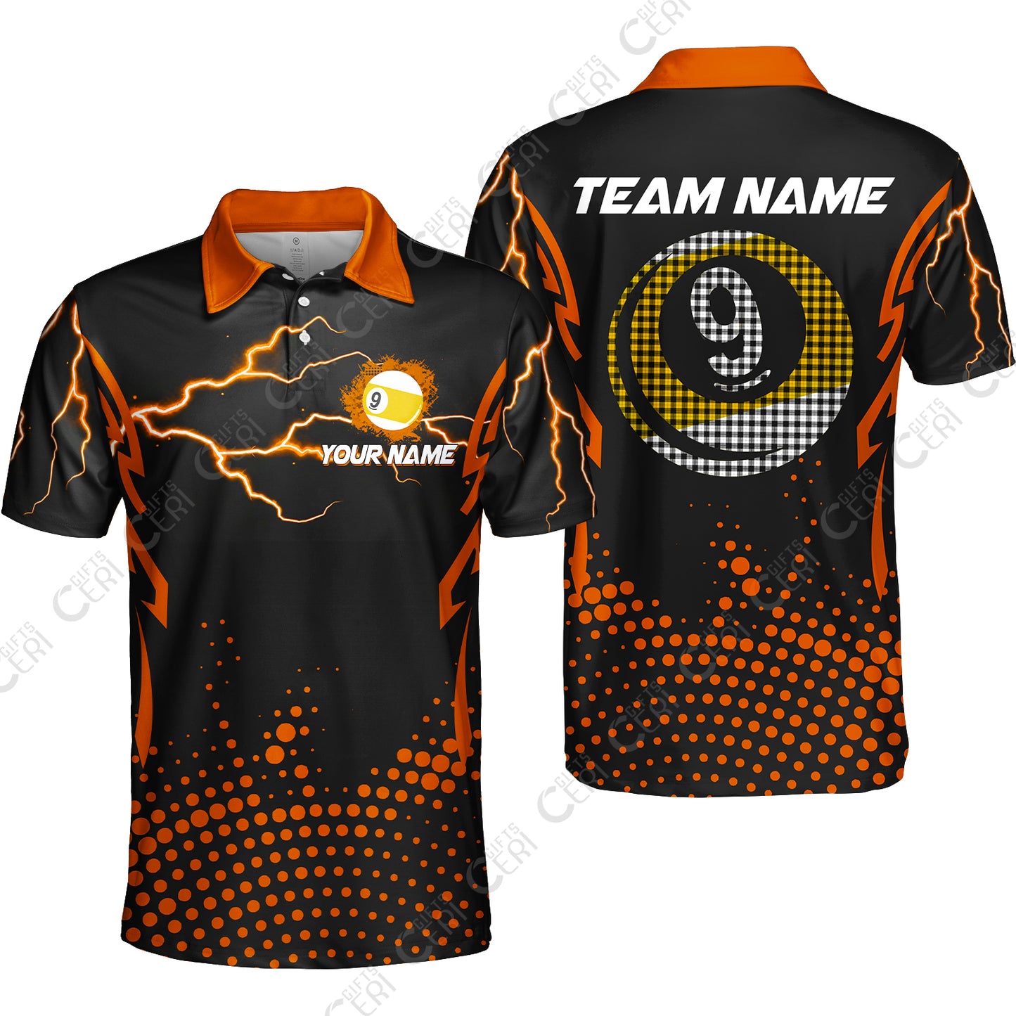 Customized Billiards Unisex Polo Shirt, Lightning Graphics With Dots 9 Ball Pool Jersey