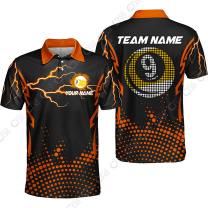 Customized Billiards Unisex Polo Shirt, Lightning Graphics With Dots 9 Ball Pool Jersey