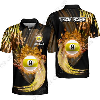 Customized 9 Ball Pool Unisex Polo Shirt, 9-Ball Swirling Fire And Glowing Smoke, Billiards Jerseys