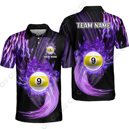 Customized 9 Ball Pool Unisex Polo Shirt, 9-Ball Swirling Fire And Glowing Smoke, Billiards Jerseys