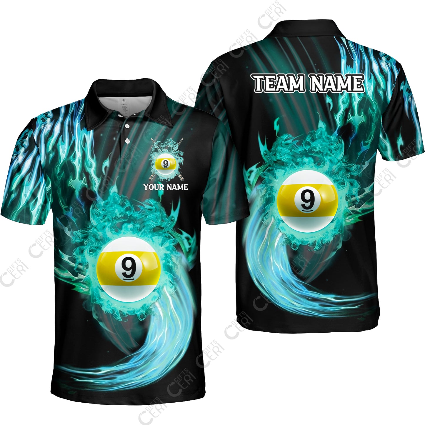 Customized 9 Ball Pool Unisex Polo Shirt, 9-Ball Swirling Fire And Glowing Smoke, Billiards Jerseys
