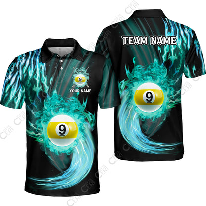 Customized 9 Ball Pool Unisex Polo Shirt, 9-Ball Swirling Fire And Glowing Smoke, Billiards Jerseys