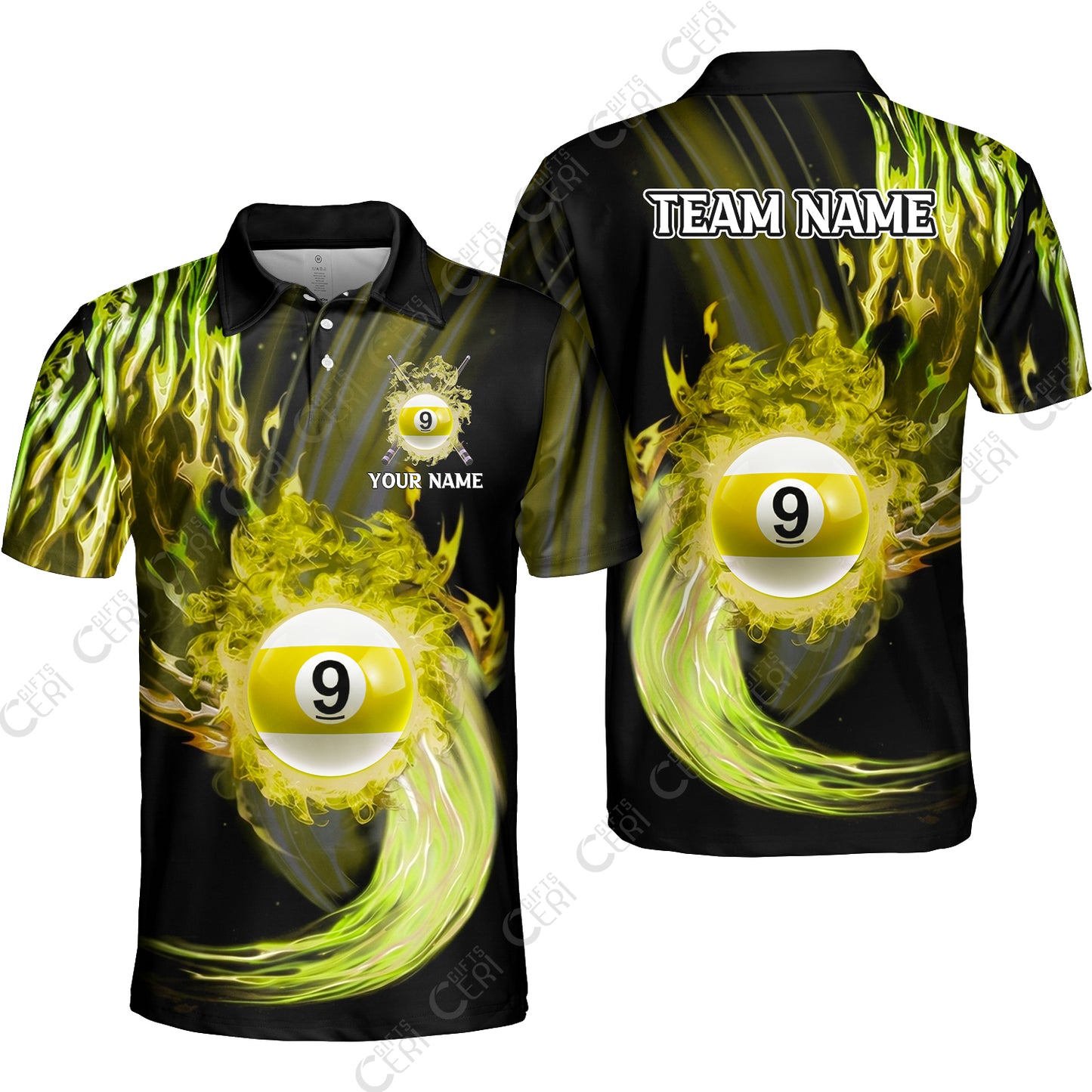 Customized 9 Ball Pool Unisex Polo Shirt, 9-Ball Swirling Fire And Glowing Smoke, Billiards Jerseys