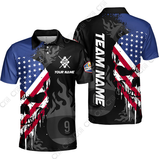 Customized 9 Ball Pool Unisex Polo Shirt, Billiards 9-Ball Flame And The Skull With American Flag, Billiards Jerseys