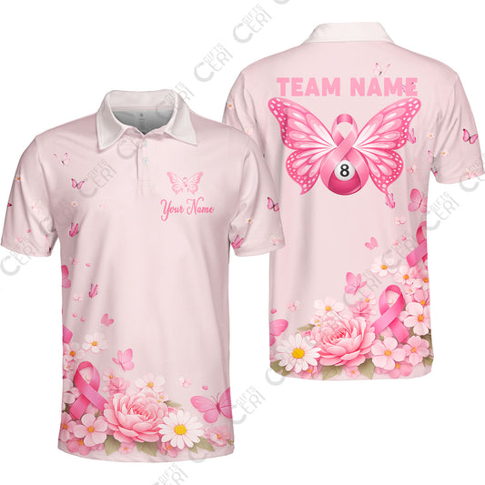 Customized 8 Ball Pool Unisex Polo Shirt, Floral Butterfly Billiards 8-Ball, Personalized Billiards Jersey