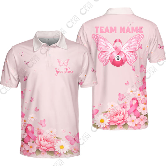 Customized 9 Ball Pool Unisex Polo Shirt, Floral Butterfly Billiards 9-Ball, Personalized Billiards Jersey
