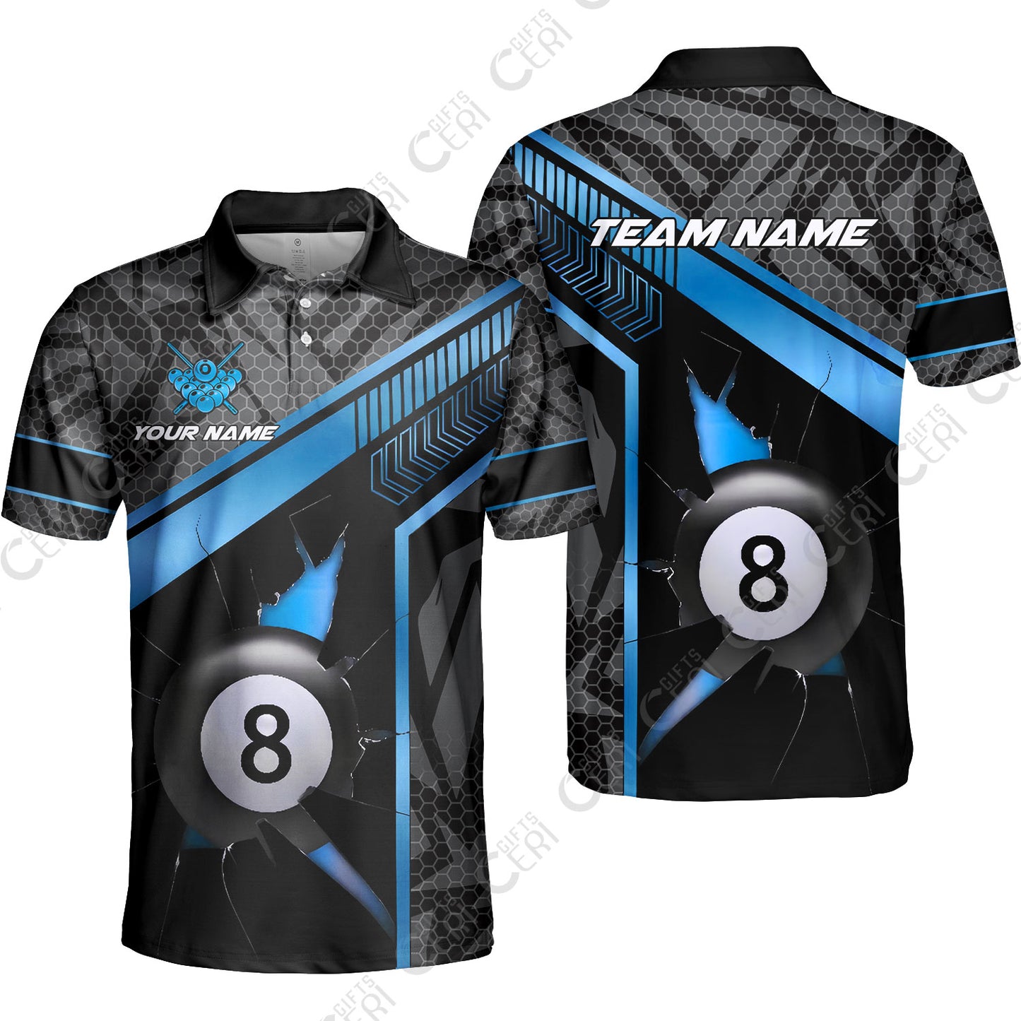 Customized Billiards Unisex Polo Shirt, Personalized Hexagonal Patterns With A Cracked Glass 8 Ball Jersey