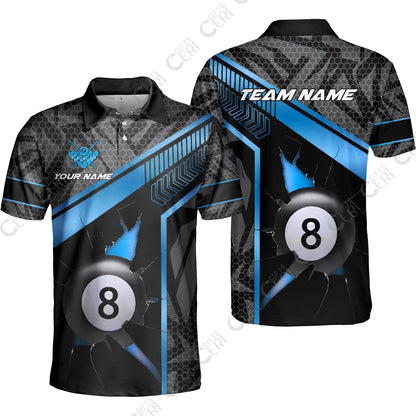 Customized Billiards Unisex Polo Shirt, Personalized Hexagonal Patterns With A Cracked Glass 8 Ball Jersey