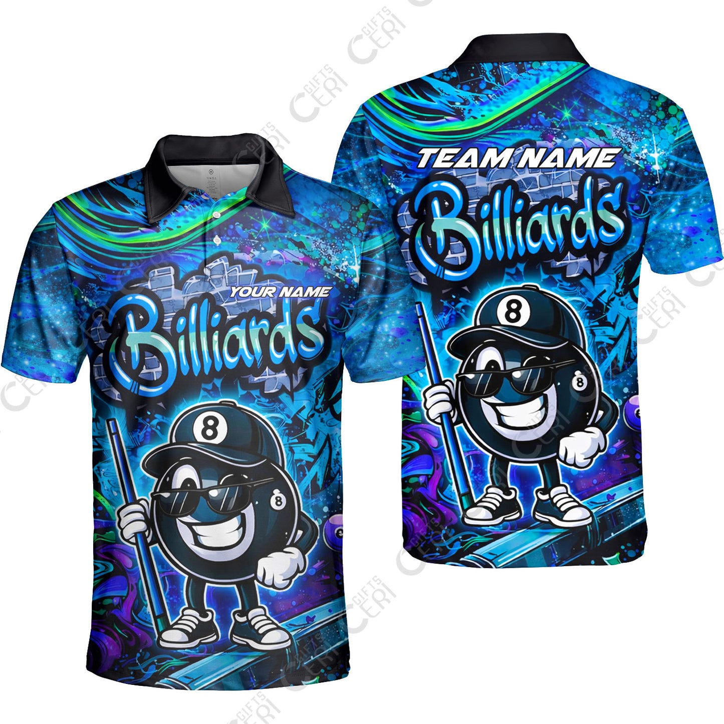 Customized Billiards Unisex Polo Shirt, Personalized Street Graffiti 8 Ball Jersey Gift For Billiard Players