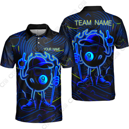 Customized 9 Ball Pool Unisex Polo Shirt, 9-Ball Billiard Neon Cartoon Flaming, Billiard Jerseys