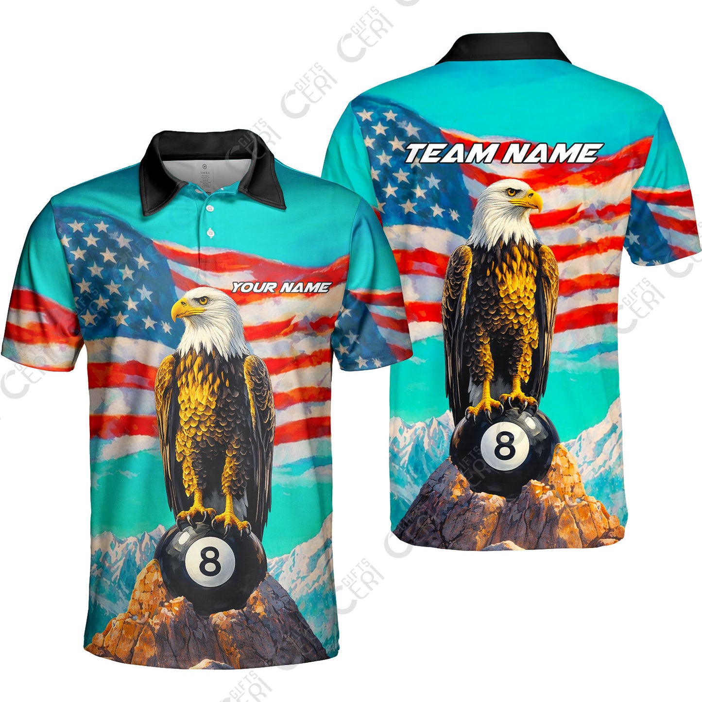 Customized Billiards Unisex Polo Shirt, Personalized American Flag With Eagle 8 Ball Jersey Gift For Billiard Players