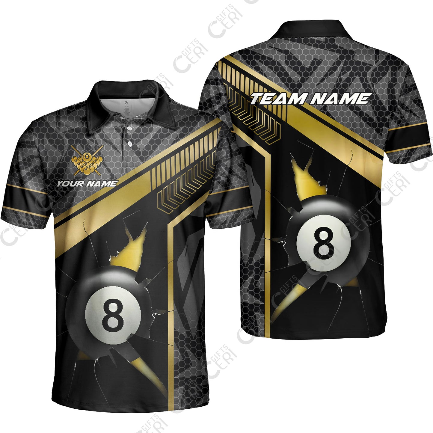 Customized Billiards Unisex Polo Shirt, Personalized Hexagonal Patterns With A Cracked Glass 8 Ball Jersey
