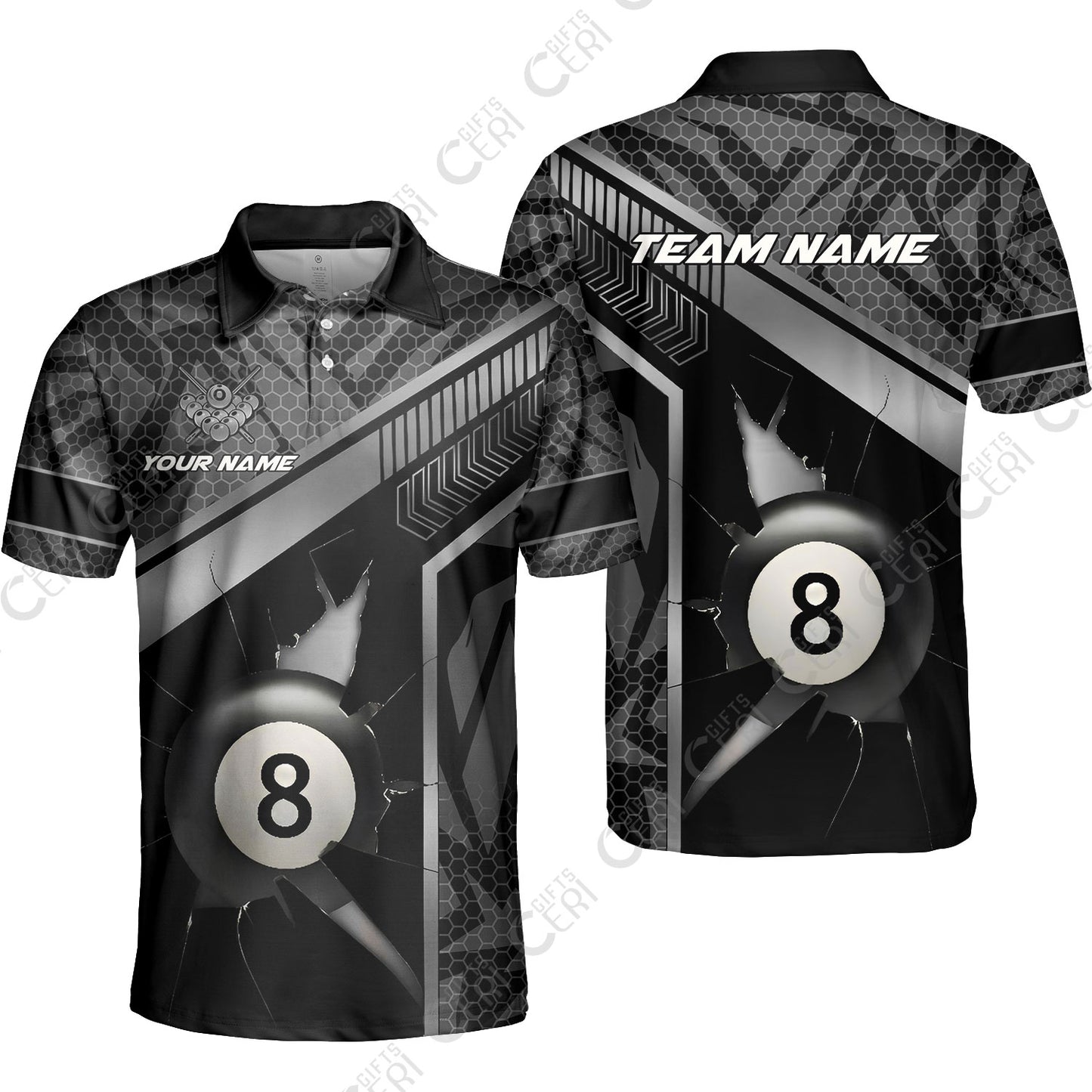 Customized Billiards Unisex Polo Shirt, Personalized Hexagonal Patterns With A Cracked Glass 8 Ball Jersey