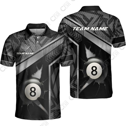Customized Billiards Unisex Polo Shirt, Personalized Hexagonal Patterns With A Cracked Glass 8 Ball Jersey