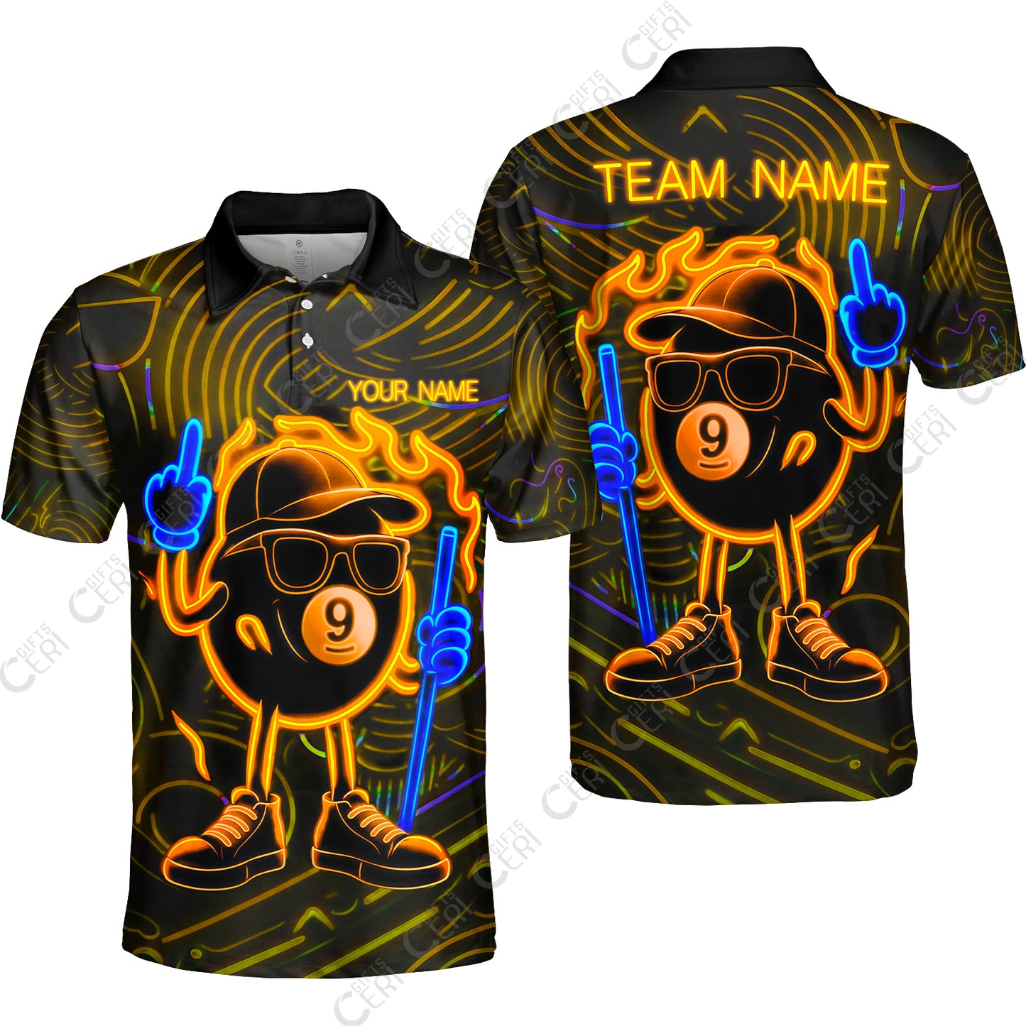 Customized 9 Ball Pool Unisex Polo Shirt, 9-Ball Billiard Neon Cartoon Flaming, Billiard Jerseys