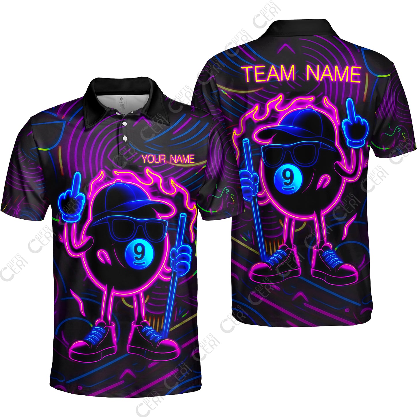Customized 9 Ball Pool Unisex Polo Shirt, 9-Ball Billiard Neon Cartoon Flaming, Billiard Jerseys