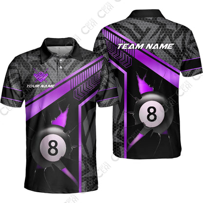 Customized Billiards Unisex Polo Shirt, Personalized Hexagonal Patterns With A Cracked Glass 8 Ball Jersey