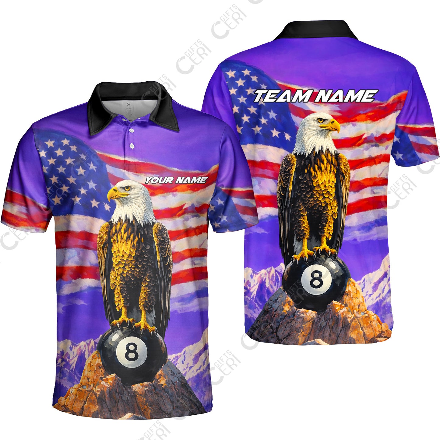 Customized Billiards Unisex Polo Shirt, Personalized American Flag With Eagle 8 Ball Jersey Gift For Billiard Players