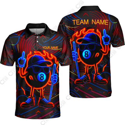Customized 8 Ball Pool Unisex Polo Shirt, 8-Ball Billiard Neon Cartoon Flaming, Billiard Jerseys