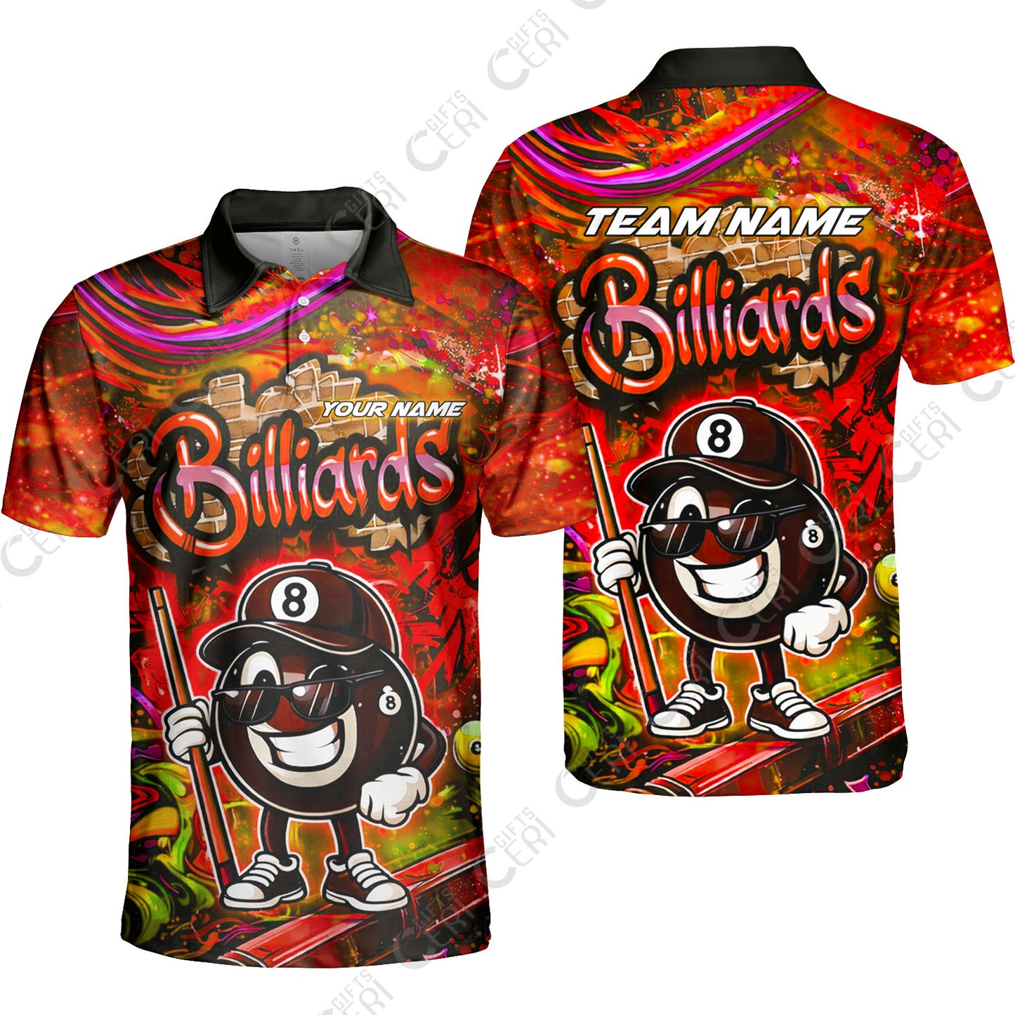 Customized Billiards Unisex Polo Shirt, Personalized Street Graffiti 8 Ball Jersey Gift For Billiard Players