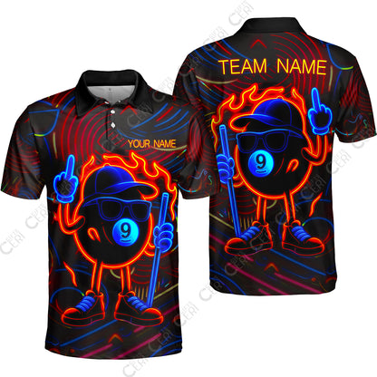 Customized 9 Ball Pool Unisex Polo Shirt, 9-Ball Billiard Neon Cartoon Flaming, Billiard Jerseys