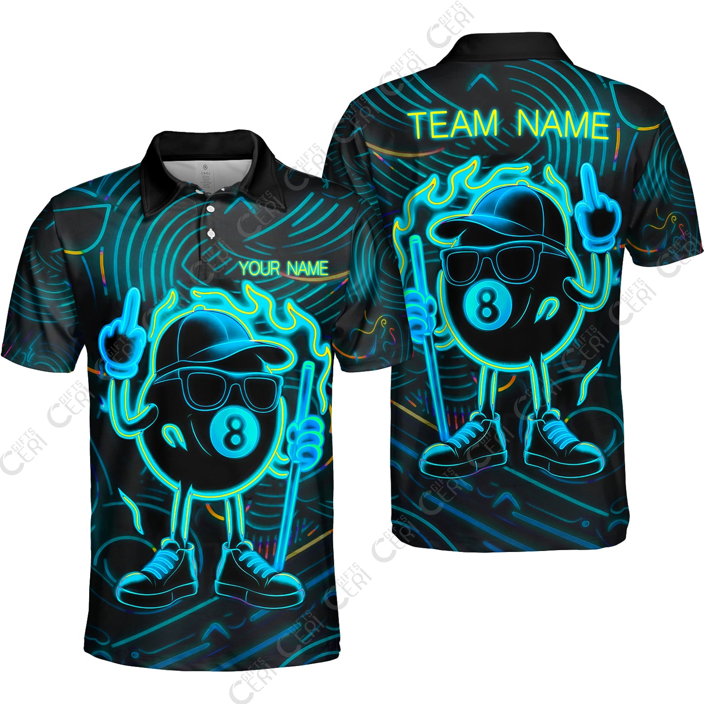 Customized 8 Ball Pool Unisex Polo Shirt, 8-Ball Billiard Neon Cartoon Flaming, Billiard Jerseys