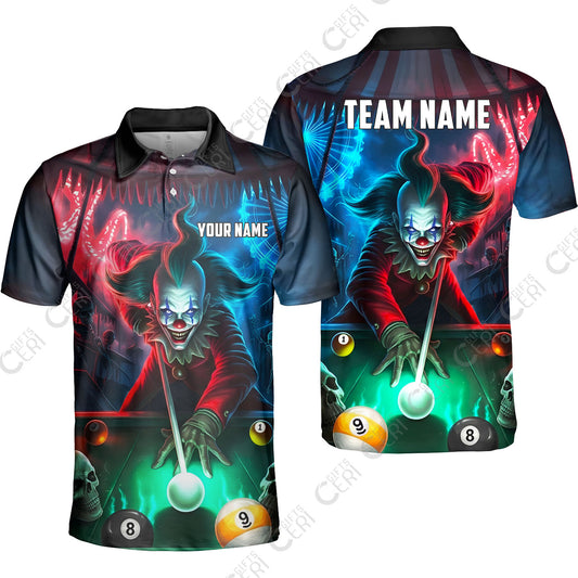 Customized Billiards Unisex Polo Shirt, 8 & 9 Ball Pool Nightmare Billiards Clown Jersey, Billiards Jerseys