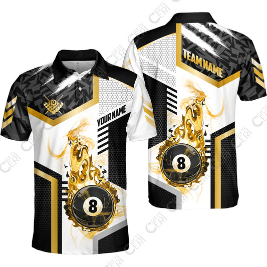 Customized Billiards Unisex Polo Shirt, Flaming 8-Ball Graphic, 8 Ball Pool Jersey