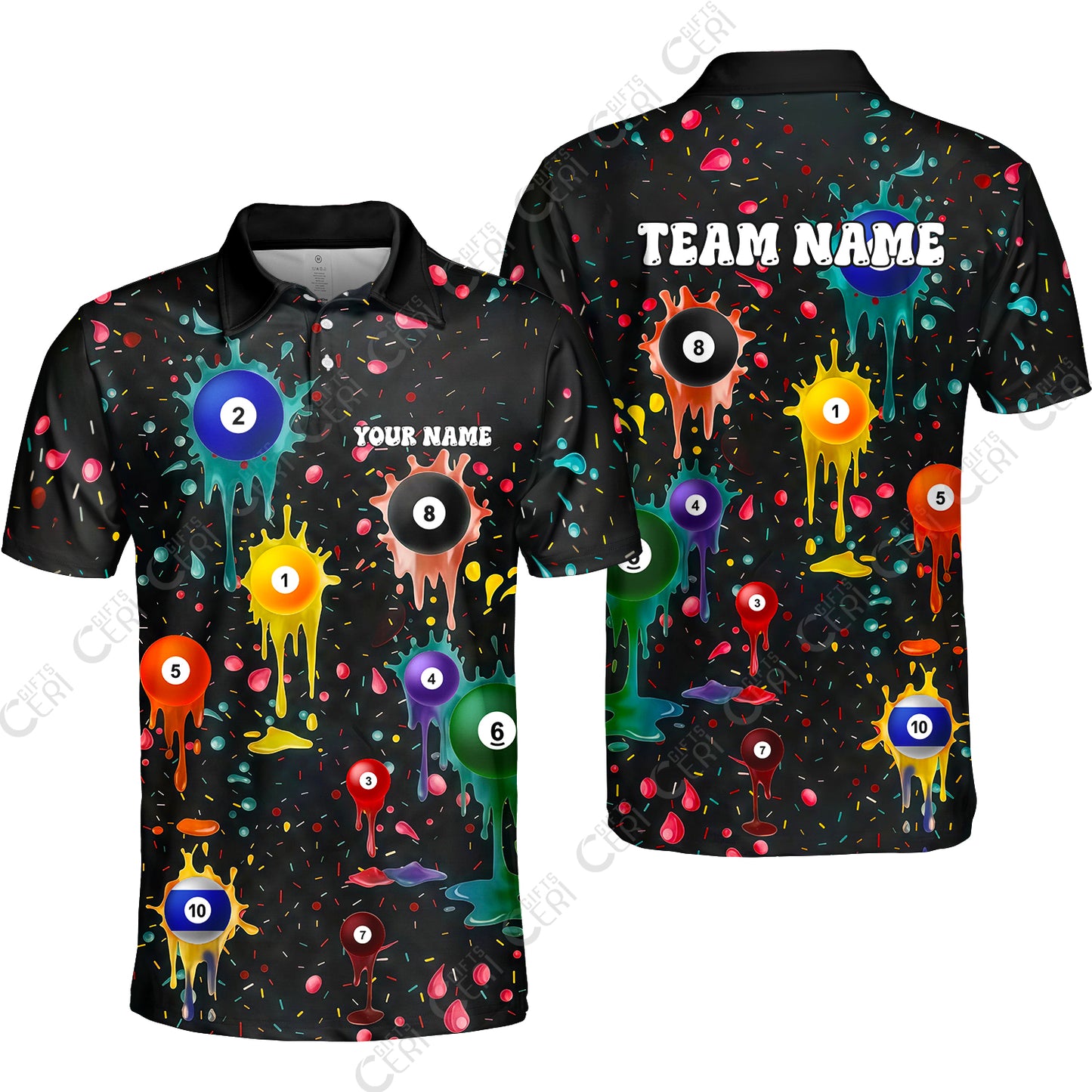 Customized 8 Ball Pool Unisex Polo Shirt, Billiards 8-Ball Colorful Paint-Splash, Billiards Jerseys