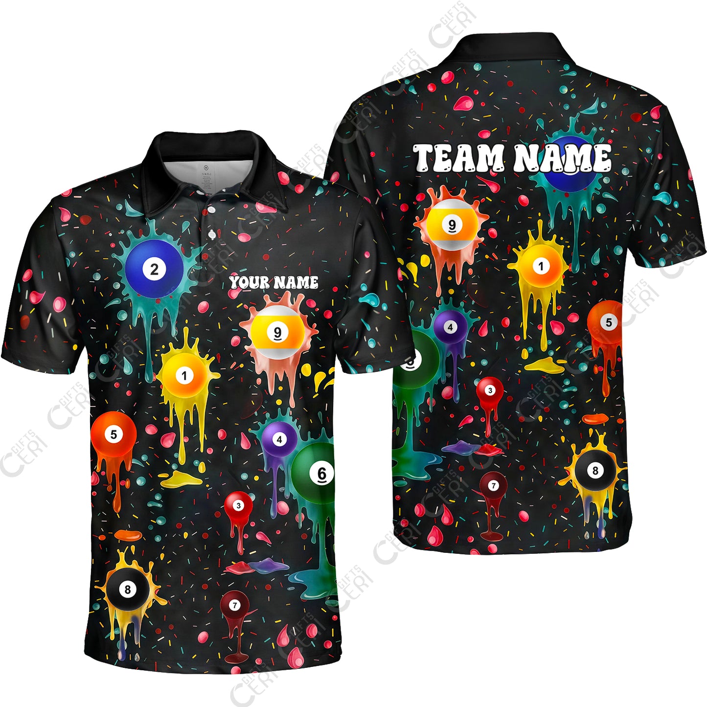 Customized 9 Ball Pool Unisex Polo Shirt, Billiards 9-Ball Colorful Paint-Splash, Billiards Jerseys