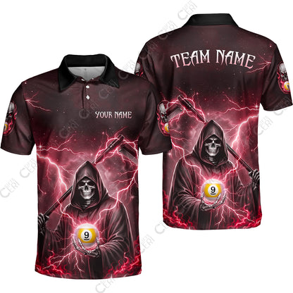 Customized 9 Ball Pool Unisex Polo Shirt, Lightning And Flame Grim Reaper With 9 Ball, Personalized Billiards Jersey