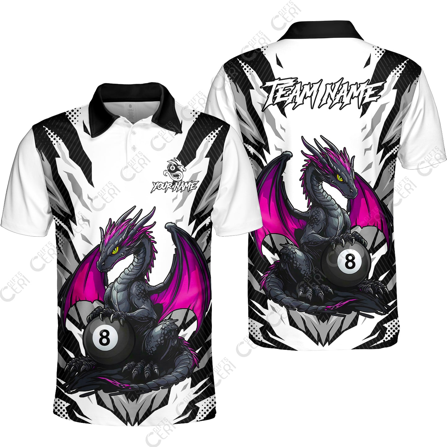 Customized Billiards Unisex Polo Shirt, Personalized Baby Dragon 8 Ball Jersey Gift For Billiard Players