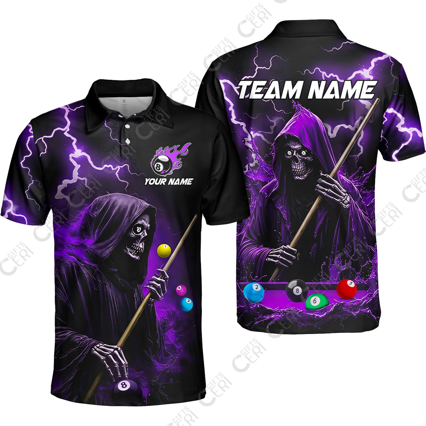 Customized 8 Ball Pool Unisex Polo Shirt, The Death Plays Billiards 8-Ball Flame, Billiards Jerseys