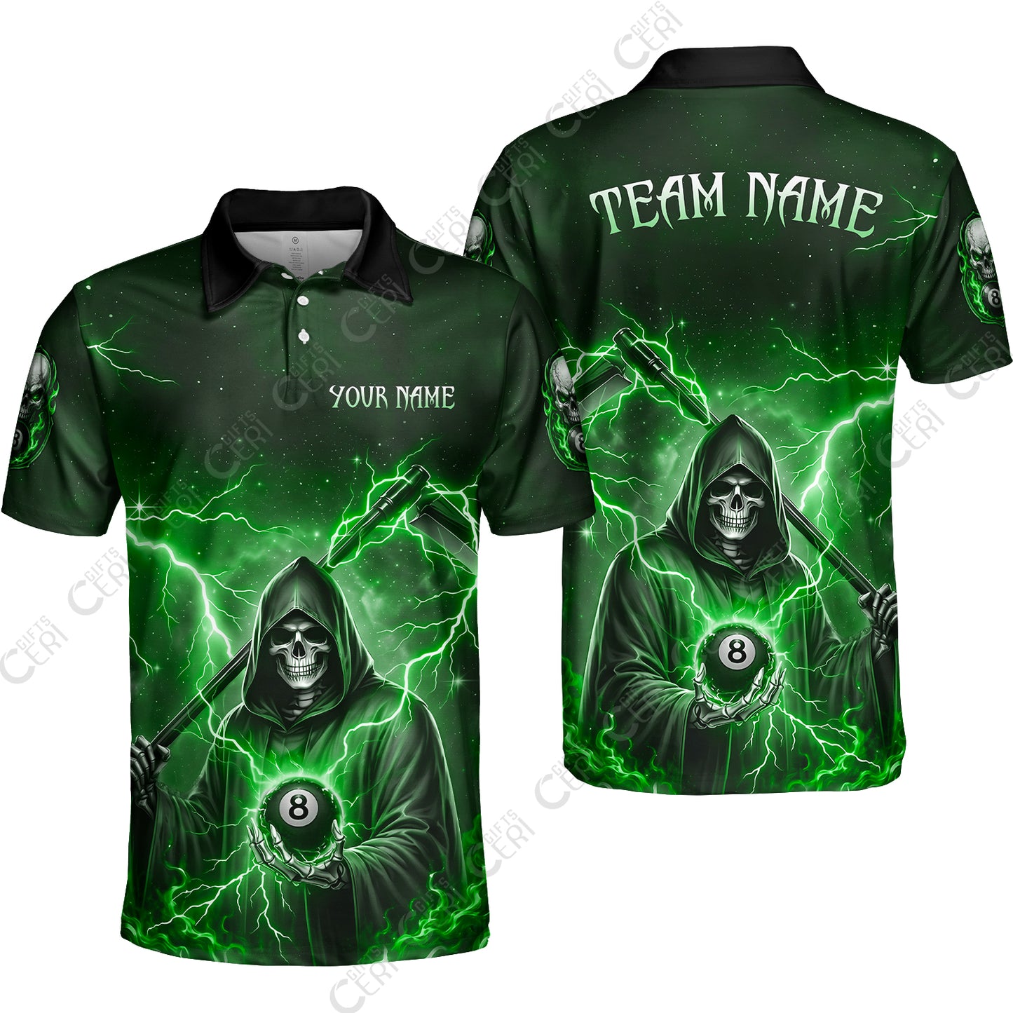 Customized 8 Ball Pool Unisex Polo Shirt, Lightning And Flame Grim Reaper With 8 Ball, Personalized Billiards Jersey