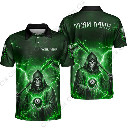 Customized 8 Ball Pool Unisex Polo Shirt, Lightning And Flame Grim Reaper With 8 Ball, Personalized Billiards Jersey