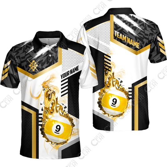 Customized 9 Ball Pool Unisex Polo Shirt, Flaming 9-Ball Graphic, Billiards Jersey