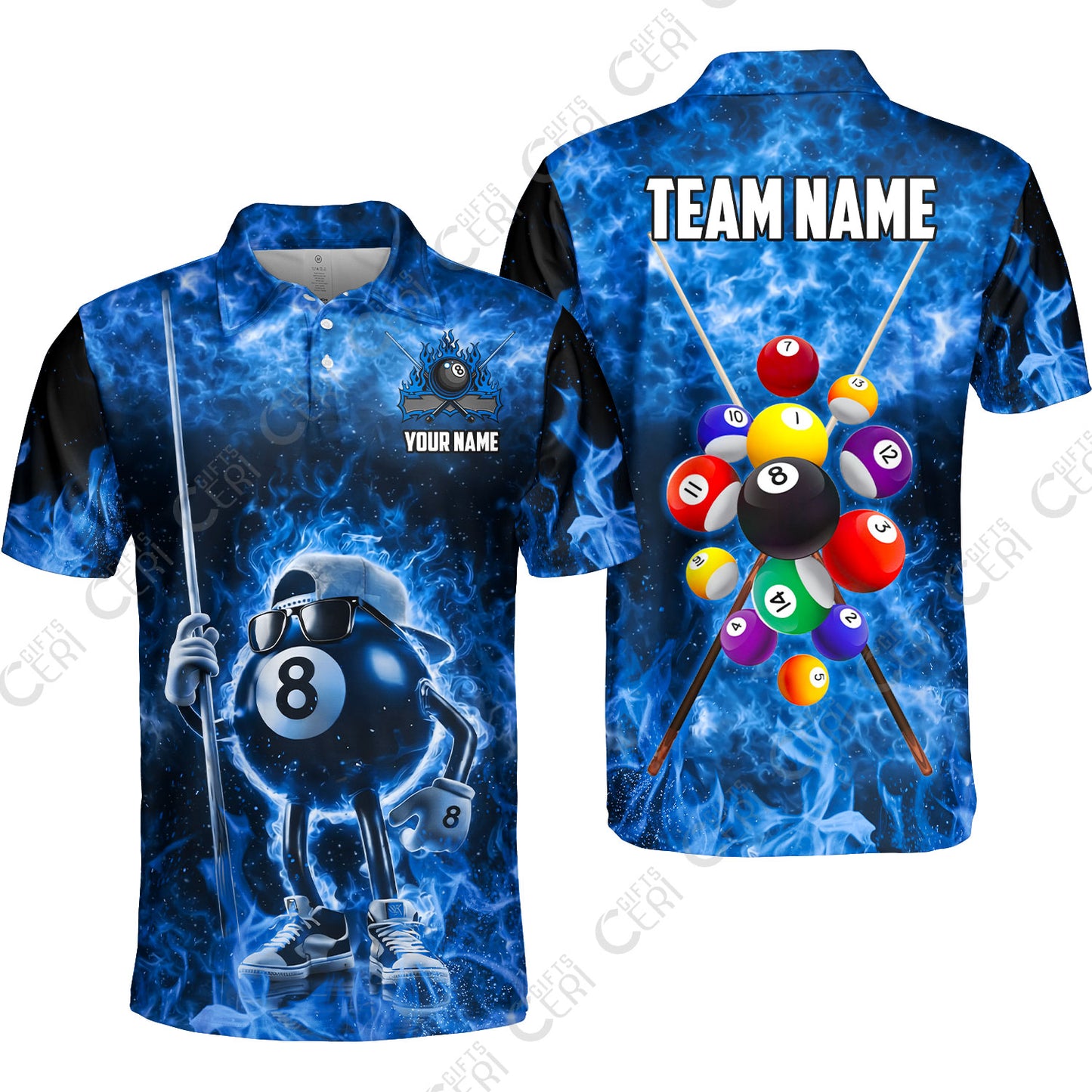 Customized 8 Ball Pool Unisex Polo Shirt, 8-Ball Wearing Cap And Sunglasses Flaming Burn, Billiard Jerseys