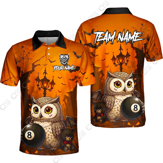 Customized 8 Ball Pool Unisex Polo Shirt, Halloween Owl Holding 8-Ball, Personalized Billiards Jersey