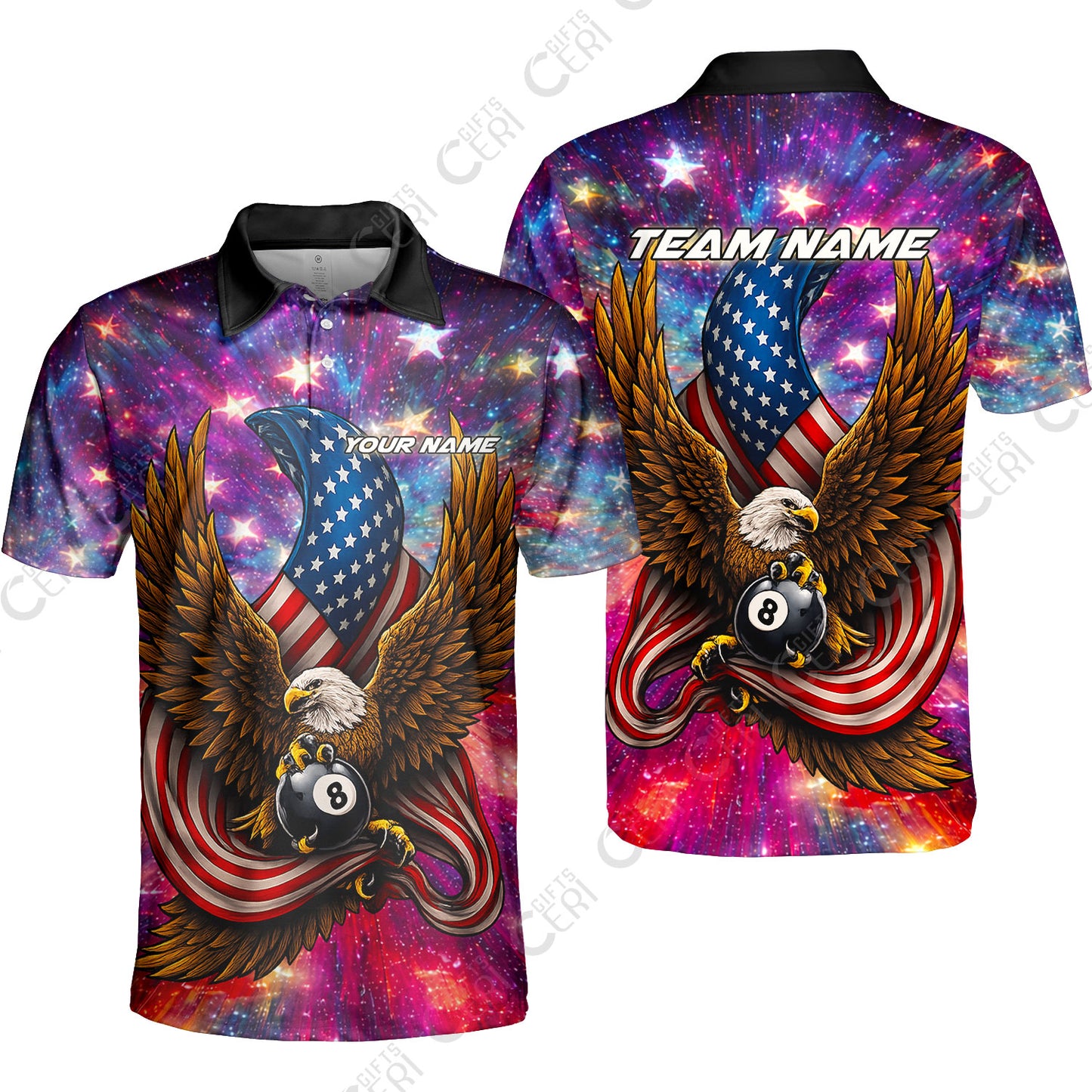 Customized 8 Ball Pool Unisex Polo Shirt, Billiard American Flag Galactic Eagle, Billiards Jerseys