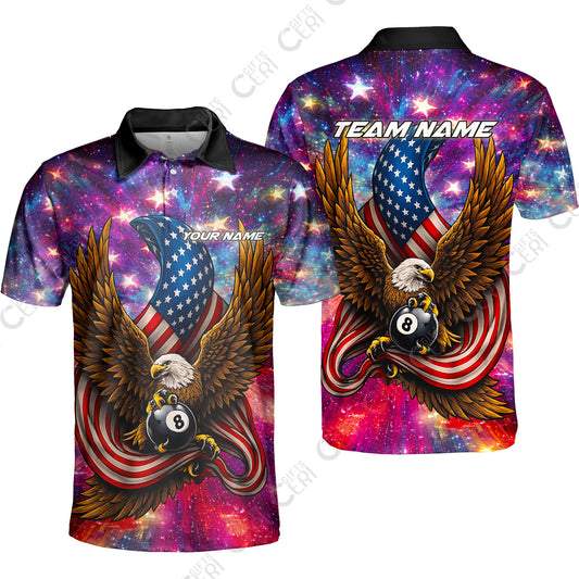 Customized 8 Ball Pool Unisex Polo Shirt, Billiard American Flag Galactic Eagle, Billiards Jerseys