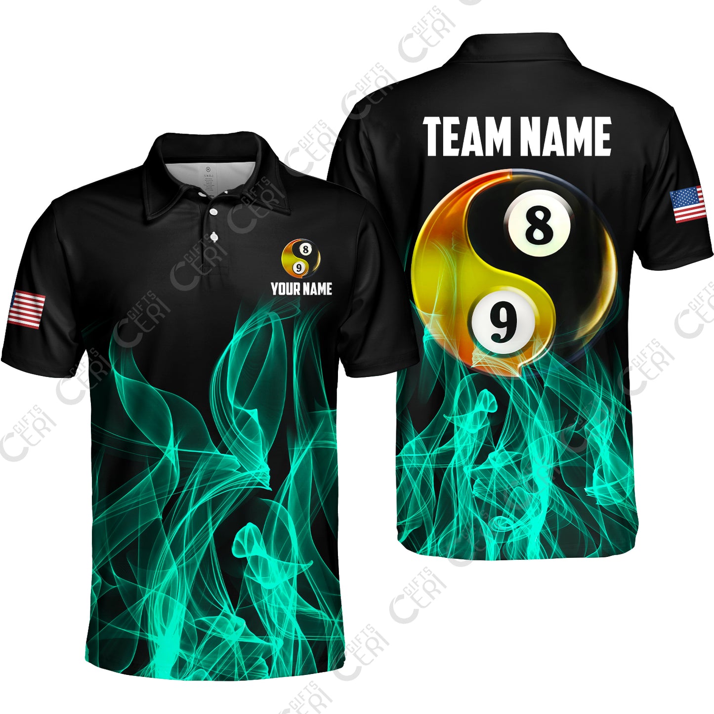 Customized Billiard Unisex Polo Shirt, Billiard 8-Ball And 9-Ball Yin-Yang Flame, Billiard Jerseys