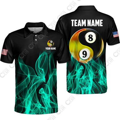 Customized Billiard Unisex Polo Shirt, Billiard 8-Ball And 9-Ball Yin-Yang Flame, Billiard Jerseys