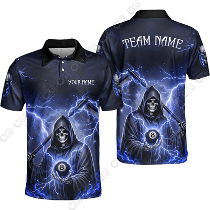 Customized 8 Ball Pool Unisex Polo Shirt, Lightning And Flame Grim Reaper With 8 Ball, Personalized Billiards Jersey