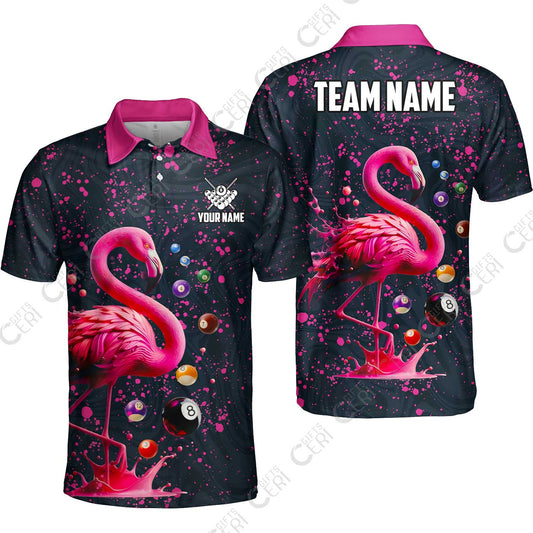 Customized 8 Ball Pool Unisex Polo Shirt, Flamingo Pink Splat Billiard, Personalized Billiards Jersey